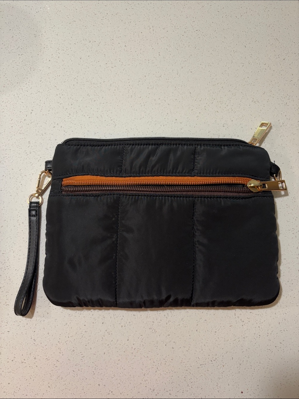 Chinese Laundry Black Quilted Wristlet with Brown Accent Zipper